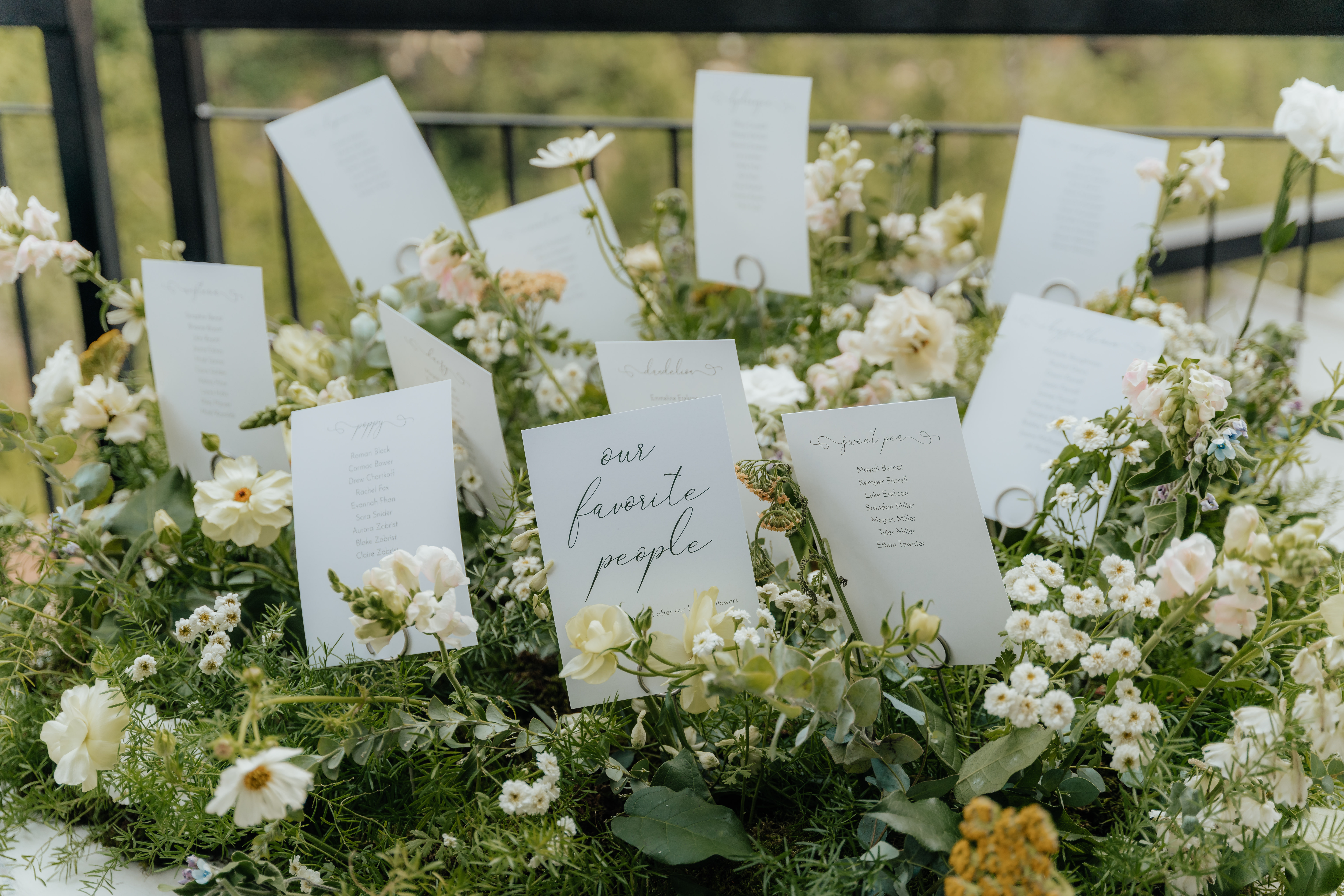 Wildflower wedding details, escort cards